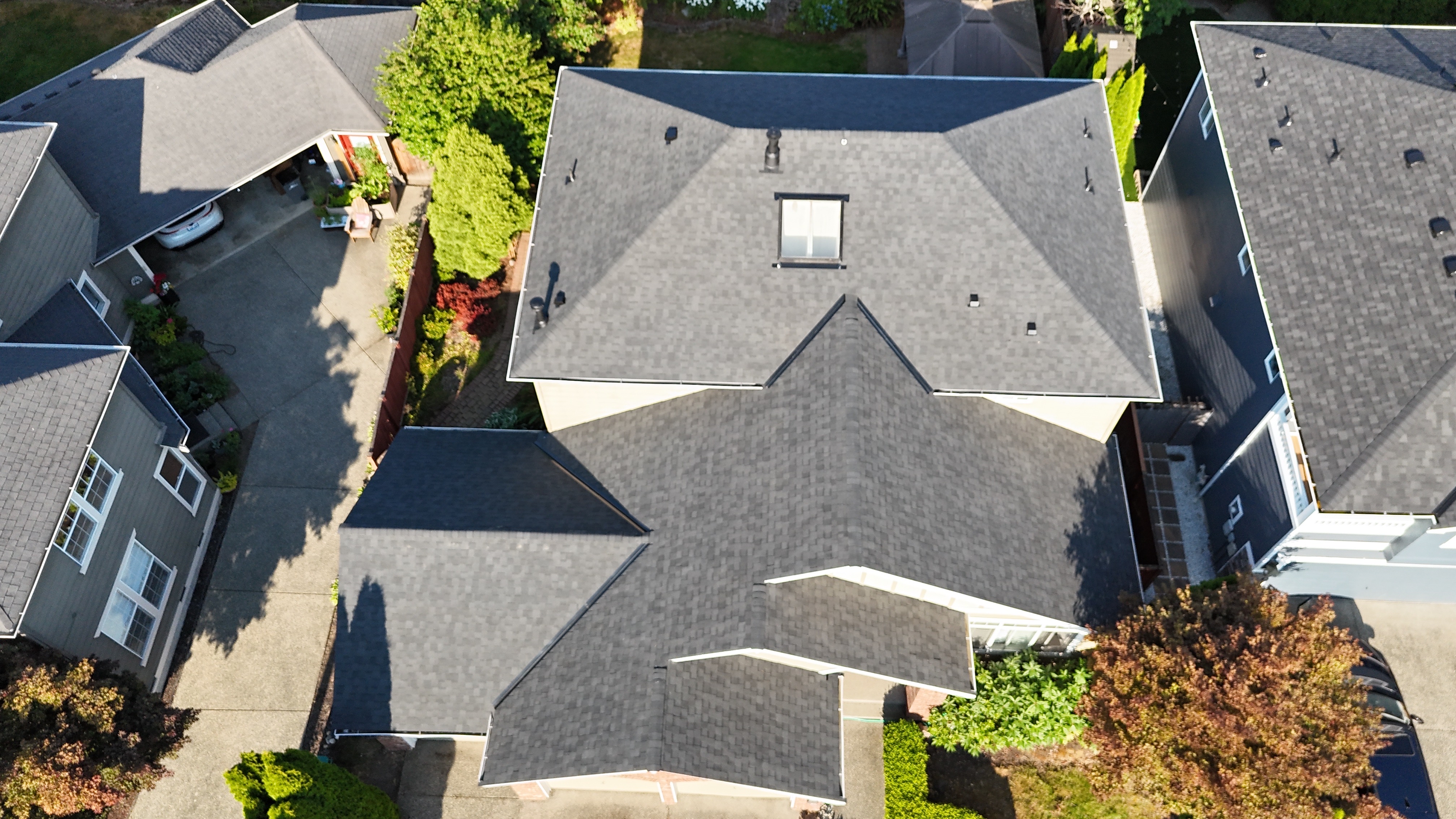 Overhead drone view of a Blitz Roofing asphalt shingle roof replacement in the Lynnwood, WA area